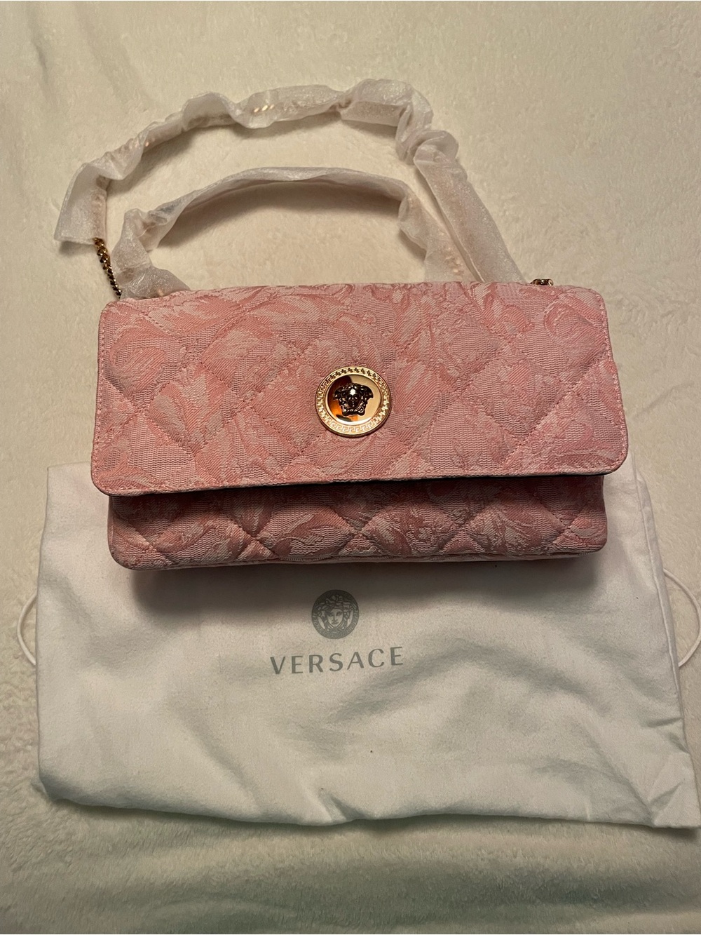 Versace Blush Pink Quilted Shoulder Bag with Gold Medallion